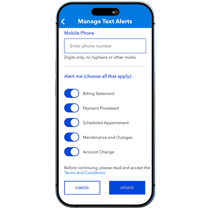 Smartphone showing Blue Ridge app text alert preferences screen