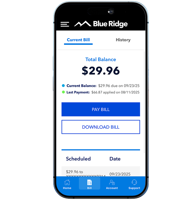 Smartphone showing Blue Ridge account management and bill payment screen