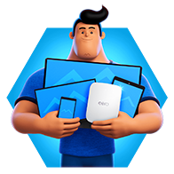 Illustration of a man holding multiple connected devices representing ultra-fast 2 Gig internet speed for heavy users and streaming.