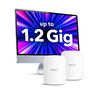 Computer screen displaying ‘up to 1.2 Gig’ with eero routers, representing high-speed internet for gaming and heavy device usage.