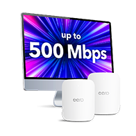 Computer screen displaying ‘up to 500 Mbps’ with eero routers, representing high-speed internet for work from home and multiple devices.