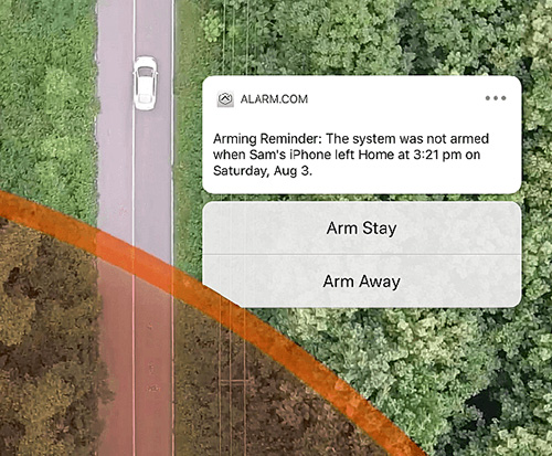 Geo-fencing alert showing a phone leaving the home zone with options to arm the security system