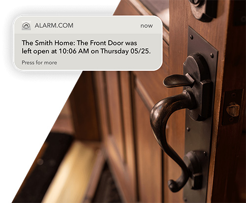 Alarm.com smartphone alert showing front door left open alongside close-up photo of wooden front door with handle.