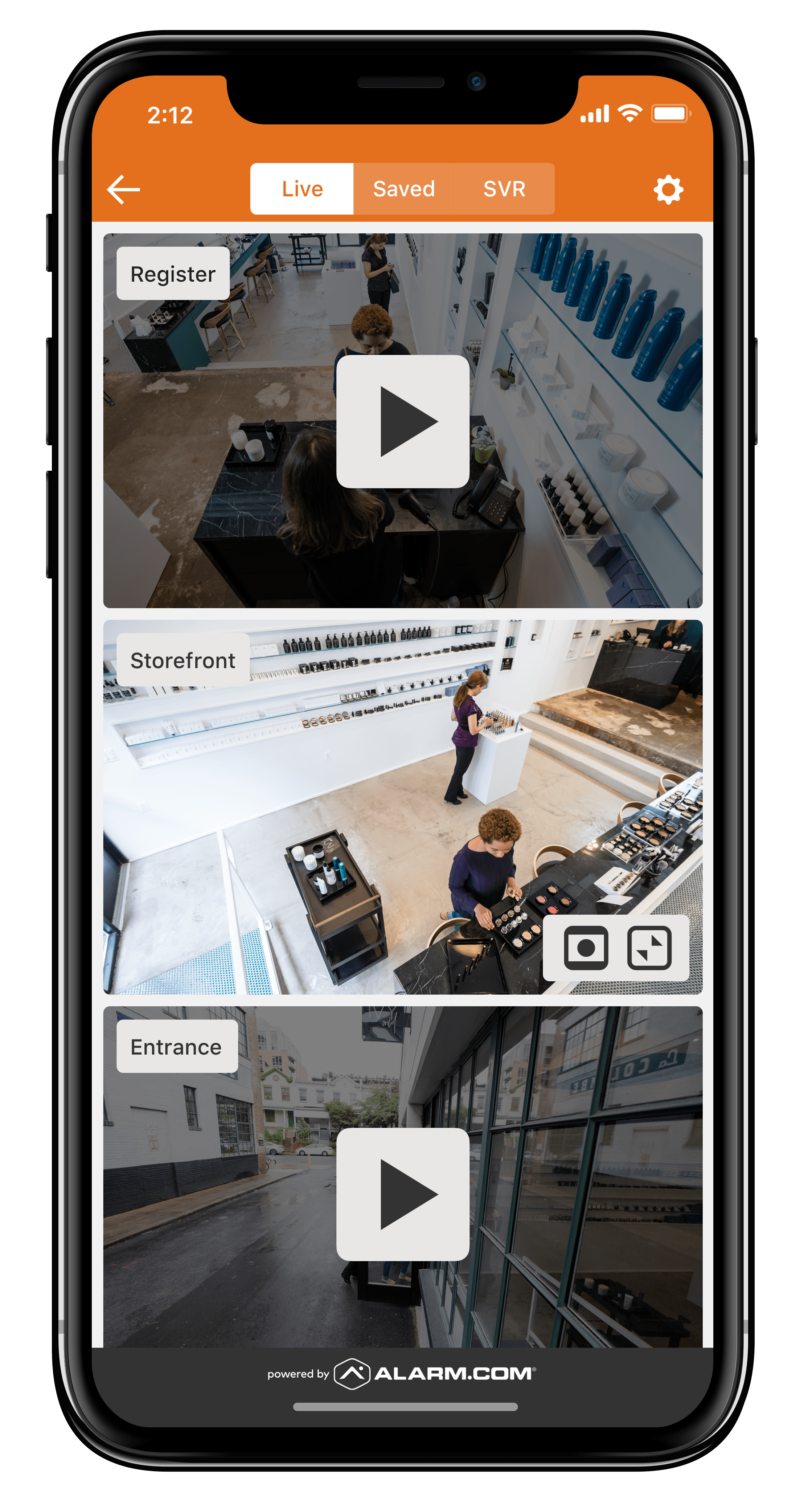 Alarm.com app open to live camera feed