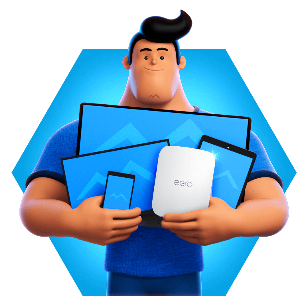 A blue ridge cartoon holding several devices with Blue Ridge and Eero branding